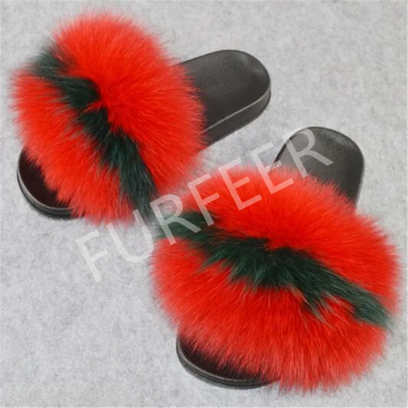Прямая поставка женские летние тапочки с лисьим мехом шлепанцы на меху сандалии