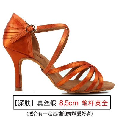 Brown 8.5cm heel Новое поступление, Дешевое женское золотистое металлическое платье средней высоты, танцевальные на каблуках, профессиональная обувь с мягкой подошвой для латинских танцев, 3 бара - Цвет: Brown 8.5cm heel