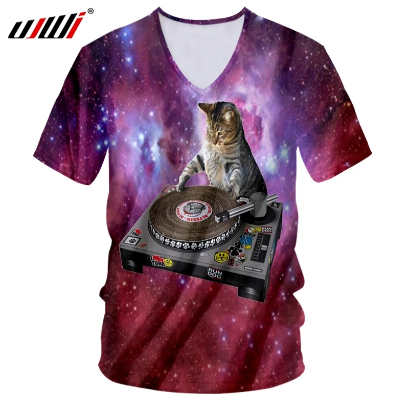 Мужская футболка с коротким рукавом UJWI 3D принтом звездного неба Djing cat Hiphop 6XL