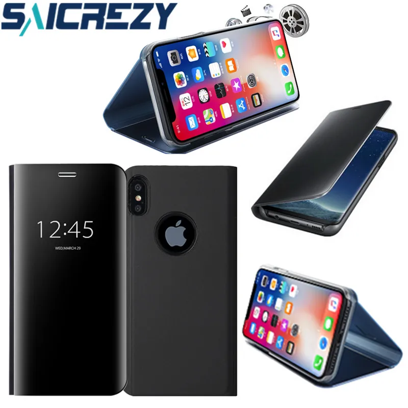 Зеркальный кожаный чехол с откидной крышкой полным бампером для apple iphone X