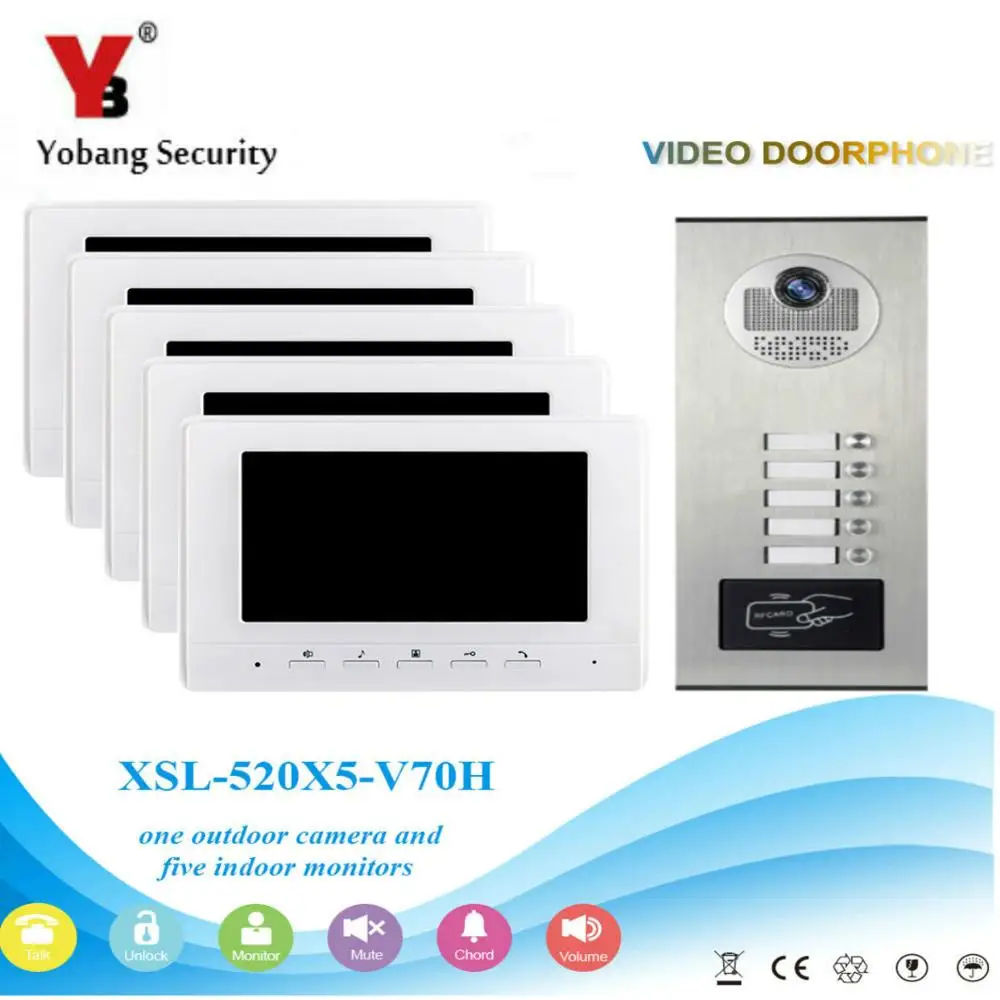 V70H5301V5 Yobang безопасности 7 дюймов ЖК дисплей TFT сенсорный цвет видеодомофоны дверные звонки телефон двери системы 5 мониторы ИК 1000TVL камера для 5 квартира - Цвет: V70H5301V5