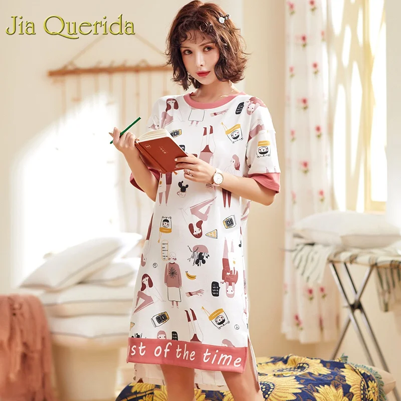 J & Q ночная рубашка для женщин 2019 Ночное платье милый 100% хлопок короткий сна