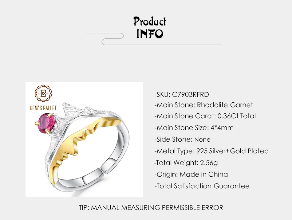 GEM'S BALLET 0.36Ct Natural Rhodolite Garnet Ring 925 Sterling Silver Handmade Adjustable Open Ring For Women Engagement Jewelry