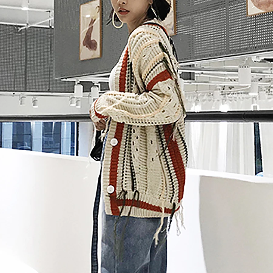 2018 Lazy Style Striped Fall Sweaters Women Hit Color Hollow Out Tassel V-neck Single Breasted Winter Cardigans Knit Sweater |