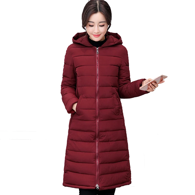 2018 женские зимние с капюшоном Длинная Куртка теплые большие размеры 3XL хлопковая