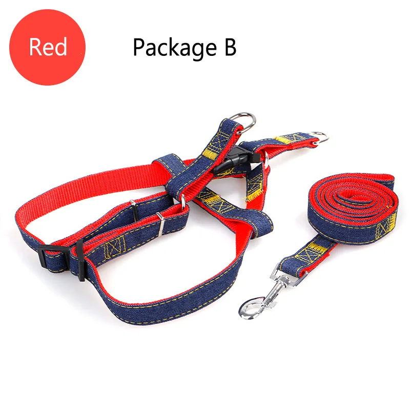 Package B Red Ремни для домашних животных джинсовый ошейник нагрудный ремень набор веревок для занятий спортом на открытом воздухе, безопасность поводок для маленьких и крупных собак кошка s m l xl тканевые цепи для собак - Цвет: Package B Red