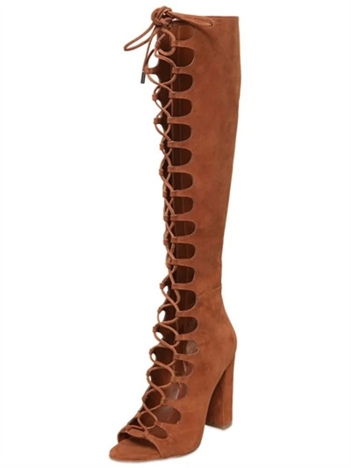 

Concise Style Women Solid Brown Flock Leather Crossed Tied Knee-High Boots Autumn Peep Toe Hollow Out High Square Heel Booties