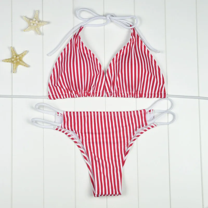 Padded Cut Out Swimsuit Brazilian Summer Beach Suit 2017 Women Bandeau Bikini Print Striped Swimwear Biquini |