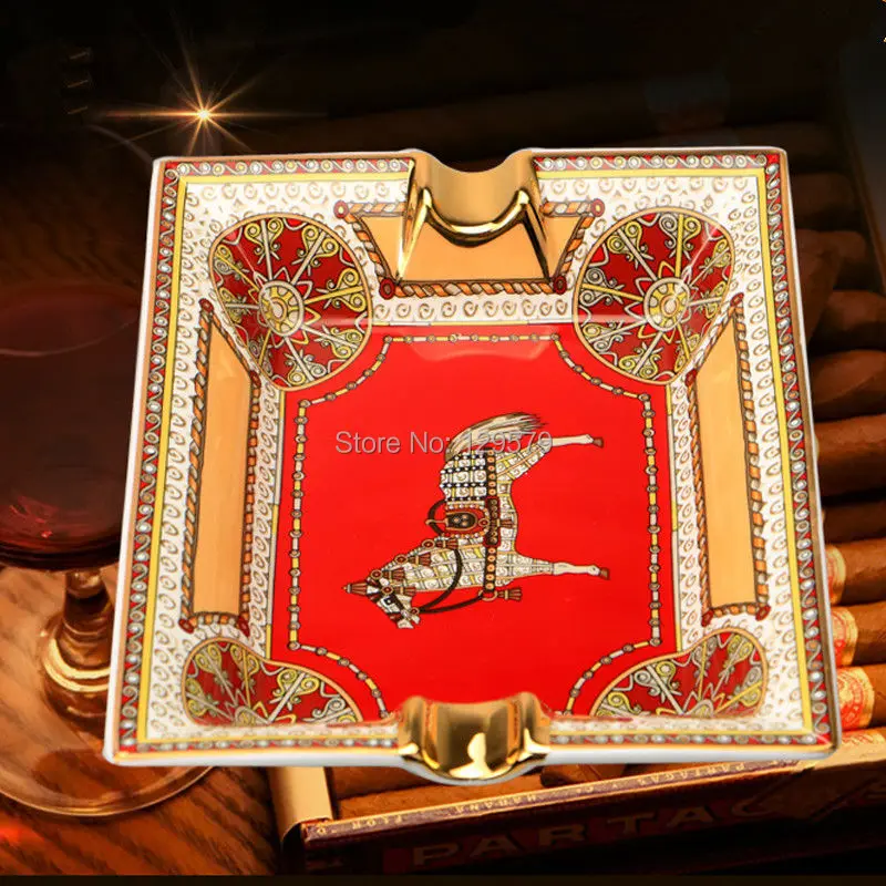 Luxiry Gadgets Retro Square Horse Pattern Red Ceramic Cigar Ashtray with 2 Rests | Ashtrays