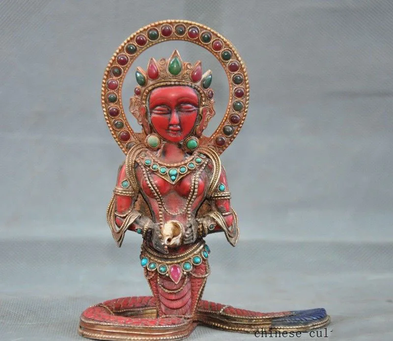 

Christmas 6" Tibet Red Coral Inlay turquoise gem carving snake body Kwan-yin Buddha statue Halloween