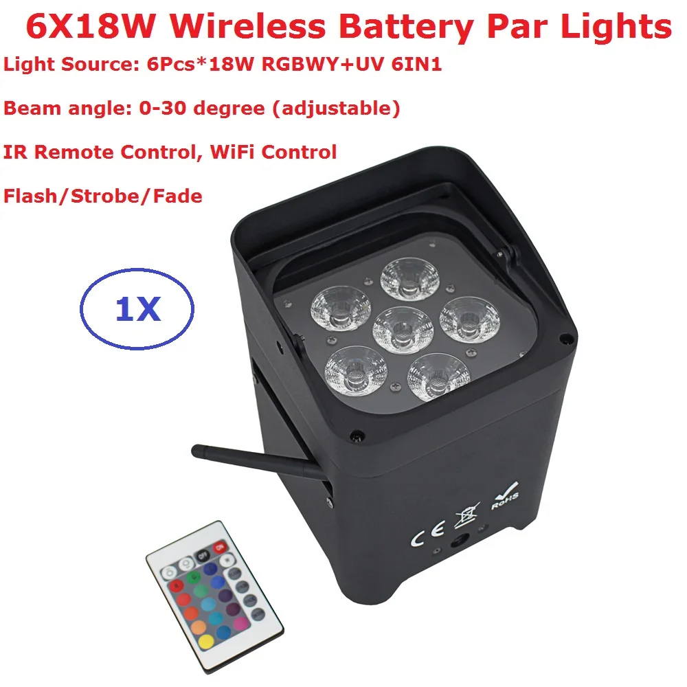 Wifi/IR Remote Control 6X18W RGBWY-UV 6IN1 DMX Wireless Battery Par Lights 6/10 Channels Good For Party DJ Concert Shows | Лампы и