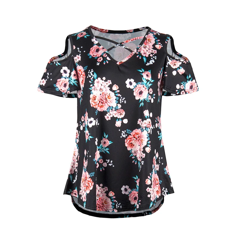 Модная Цветочная футболка Boho женская летняя с открытыми плечами короткий рукав