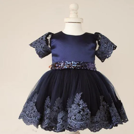 Navy blue lace tulle Flower Girl Dresses baby first Birthday knee length kid pageant prom party evening gown with sequin bow | Детская