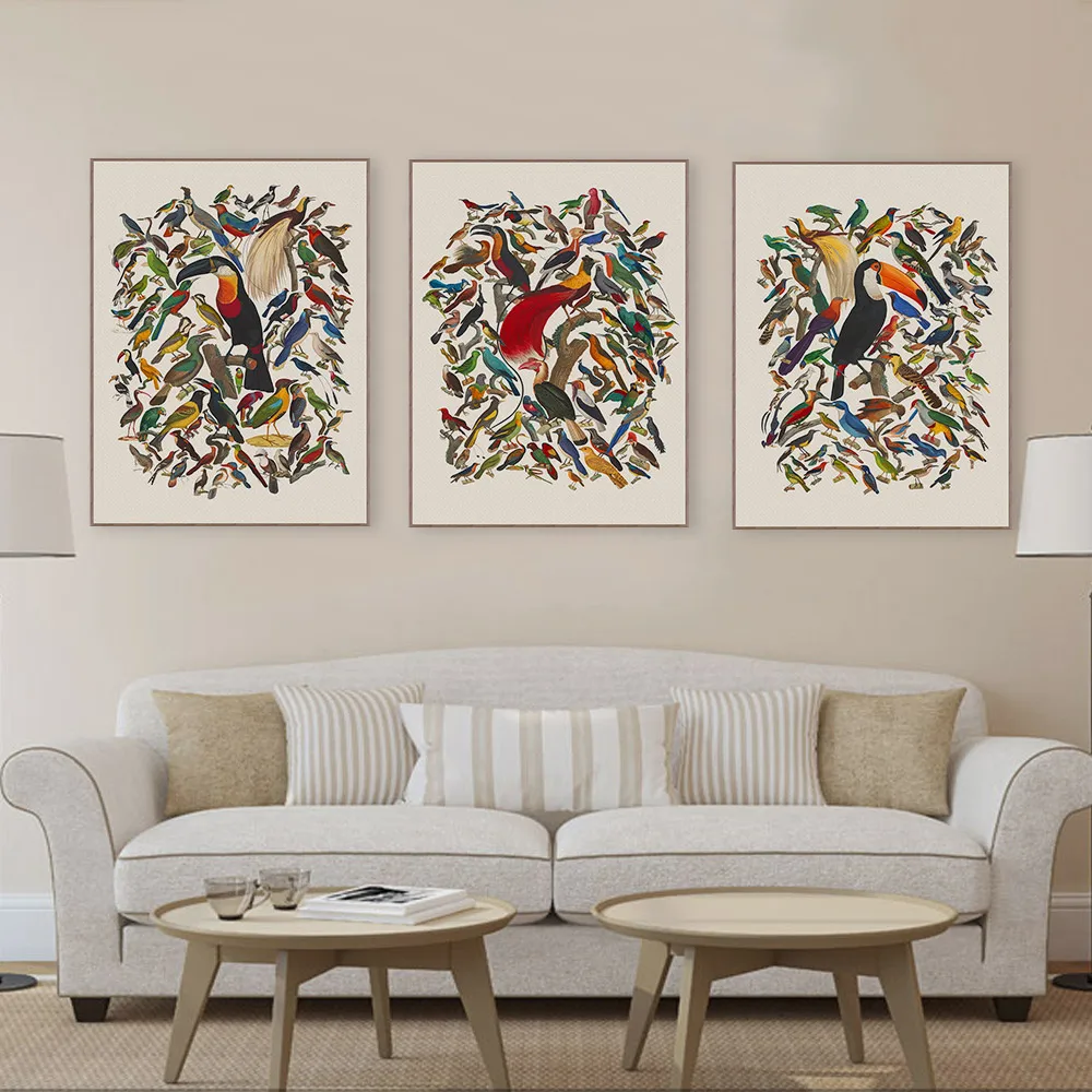 Триптих винтажный Ретро Акварель Птицы холст Художественная печать плакат