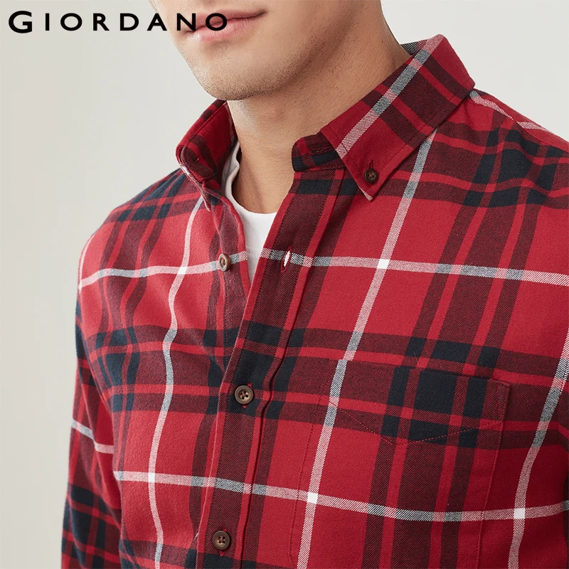 Giordano Men Shirt Flannel 100% Cotton Camisa Masculina Long Sleeve Casual Warm Classic Social Shirts Male | Мужская одежда