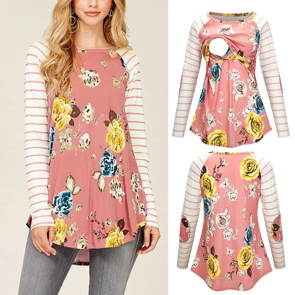 Для беременных Одежда для кормящих мам женщин с длинным рукавом в полоску