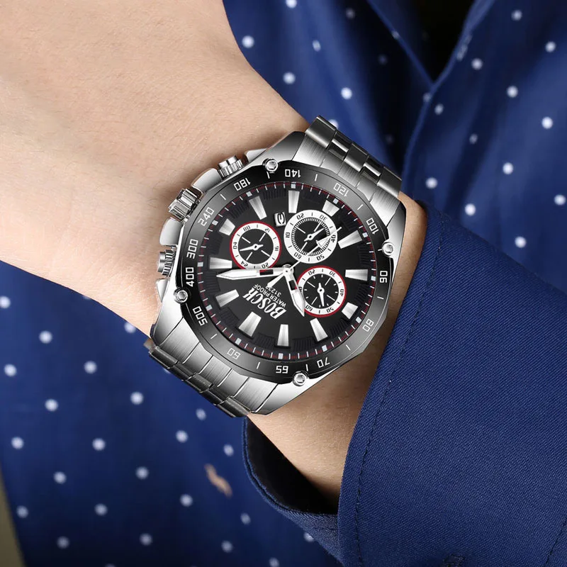 BOSCK мужские часы стальные спортивные Календарь Дата Досуг водонепроницаемые