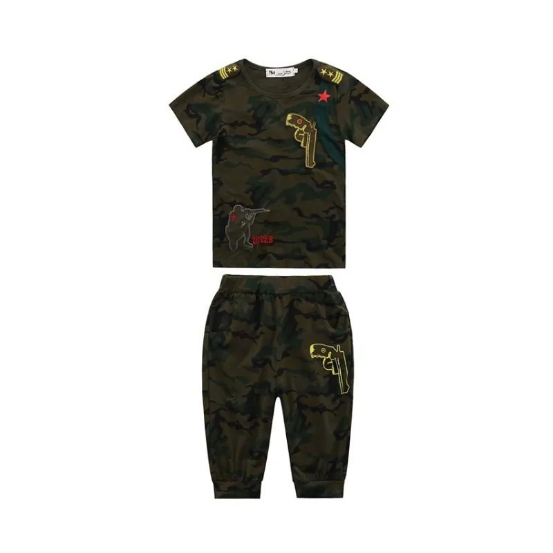 Camouflage Pistol Kid Clothes Cotton Short Sleeve T Shirt Calf-pants Summer Children Outfits Boys Girls Sets Clothing | Детская одежда