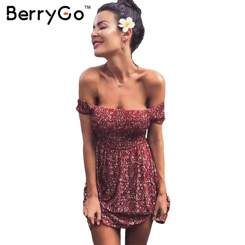 BerryGo сексуальное летнее платье с открытыми плечами и принтом, винтажное пляжное платье с высокой талией, элегантное приталенное и расклешенное Короткое женское платье