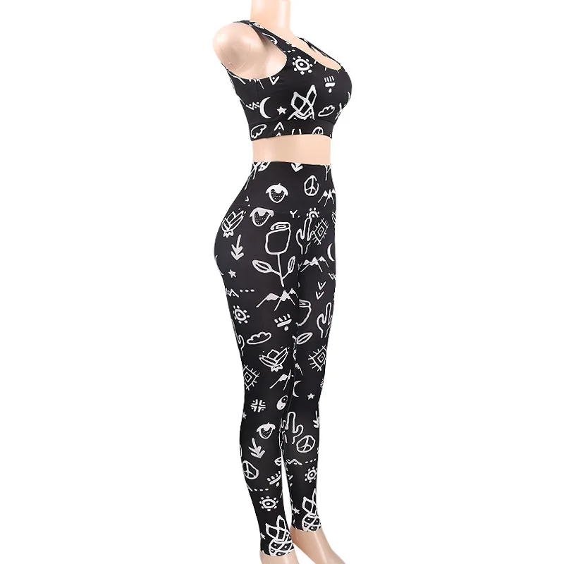 IMYSEN Фитнес одежда женский черный печатных Танк топы Штаны Костюмы новые летние