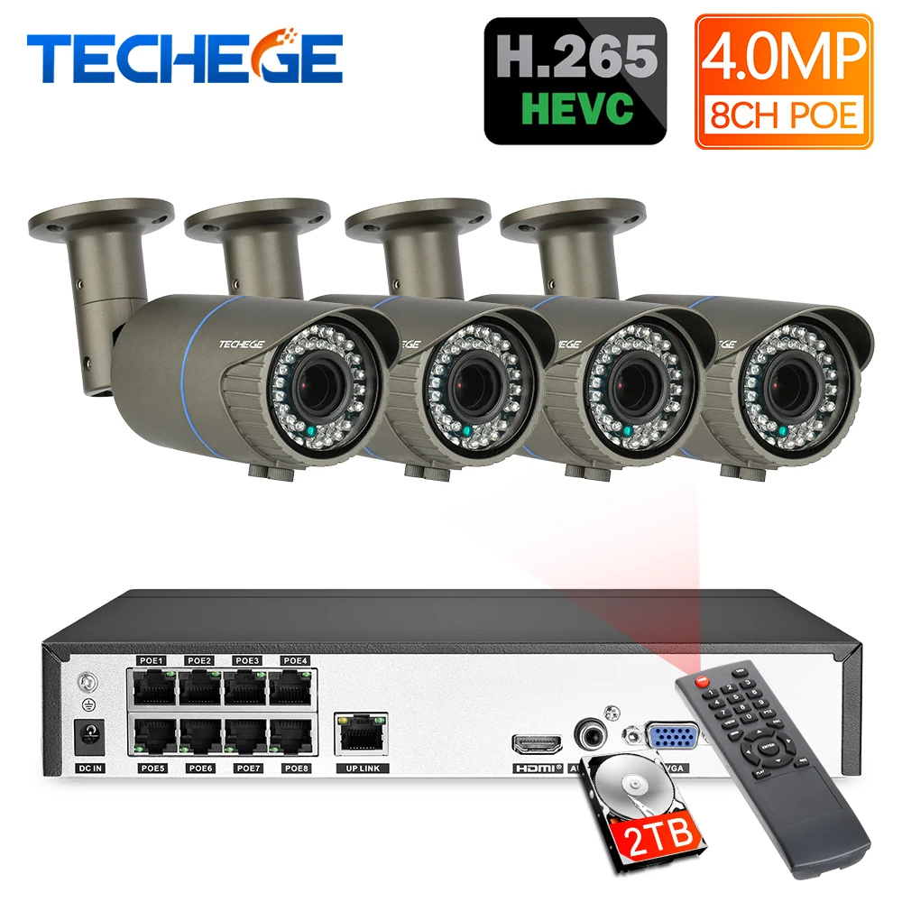 Techege H.265 8CH POE Система 2 8 12 мм ручной объектив 4.0мп ip камера 2560*1440 водонепроницаемый