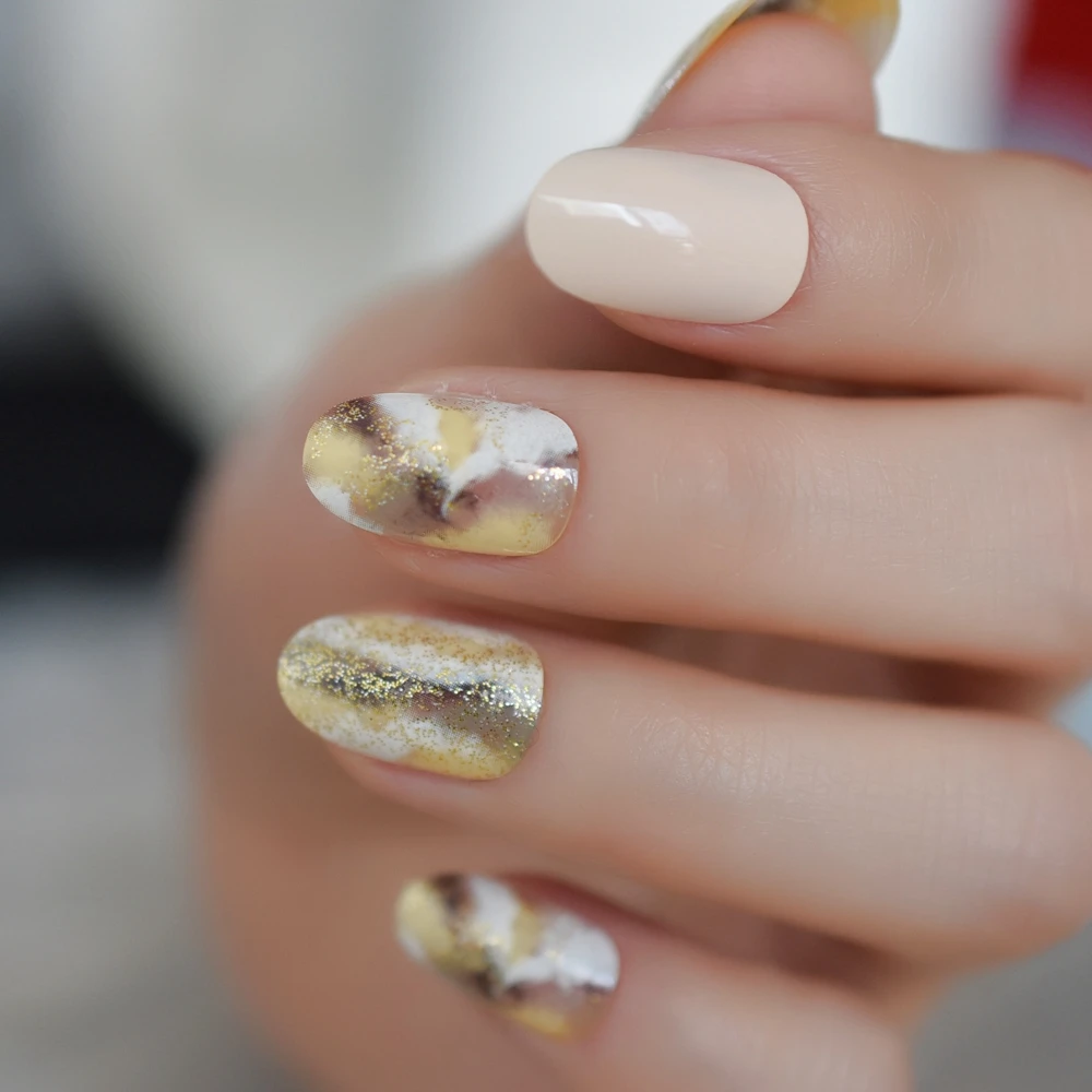 Золотые блестящие мраморные овальные круглые накладные ногти для мытья ногтей