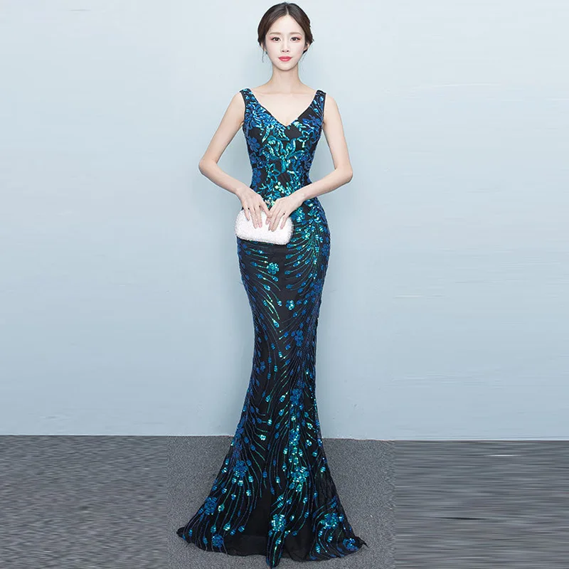 Женское длинное платье русалка без рукавов с цветочным принтом и блестками