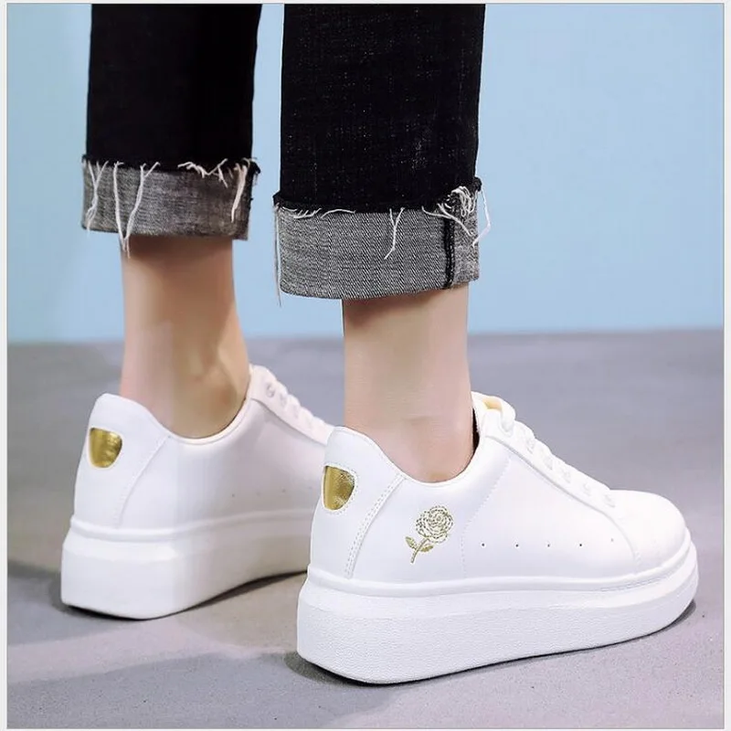 

RUSHIMAN 2018 Autumn New Designer Wedges white Platform Sneakers Women lace-up running Shoes Casual Female Shoes Woman