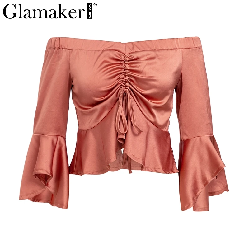 Glamaker Drawstring ruffle с открытыми плечами блузка рубашка женская сексуальное, рукав-фонарик вечерние обрезанный женский топ летняя уличная трубка топ