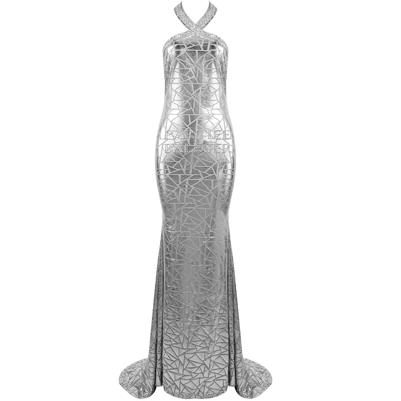 Сексуальное длинное платье PB с геометрическим узором из искусственной кожи без рукавов лямкой на шее