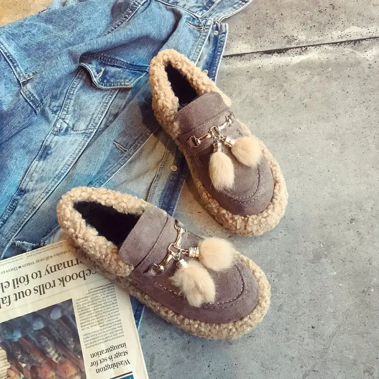 Модные женские меховые лоферы с круглым носком кисточки бахрома теплые плюшевые