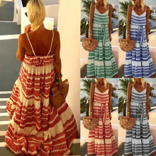 Женское длинное платье макси в стиле бохо вечерние пляжные платья спагетти