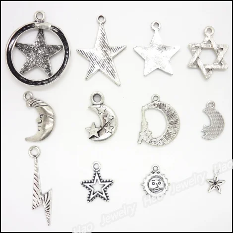 Смешанный 120 шт Винтажный серебряный цинковый сплав Звезды Луна солнце Подвески