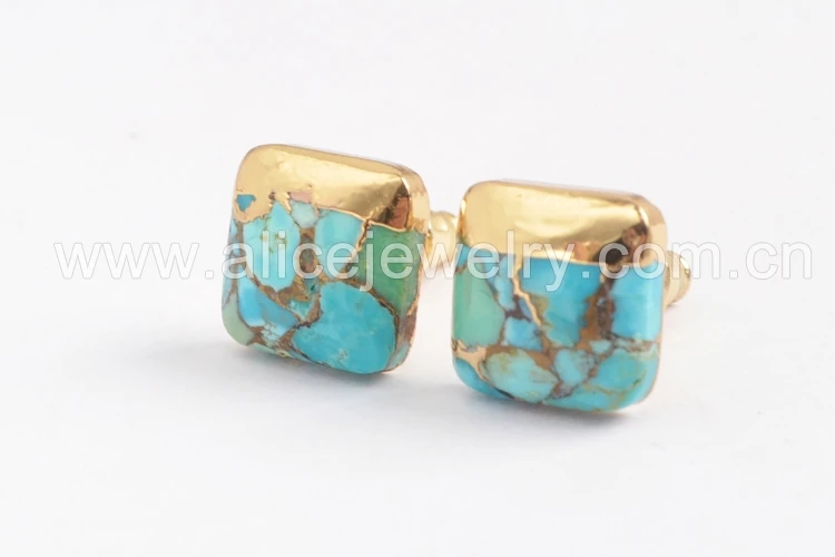 BOROSA 5 пар Boho Studs ISES шпильки 10 мм Позолоченные квадратные круглые треугольные натуральные бирюзовые серьги ручной работы подарки для леди G1723 - Окраска металла: Square Shape