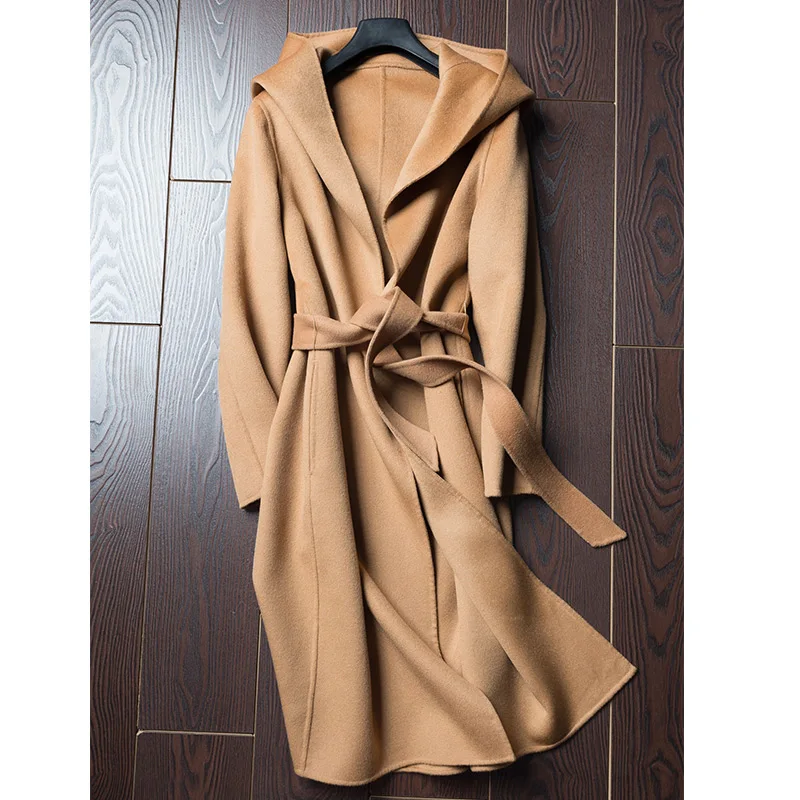 Для женщин талии Blelt с капюшоном воротник 100% чистая шерсть двойной слои пальто