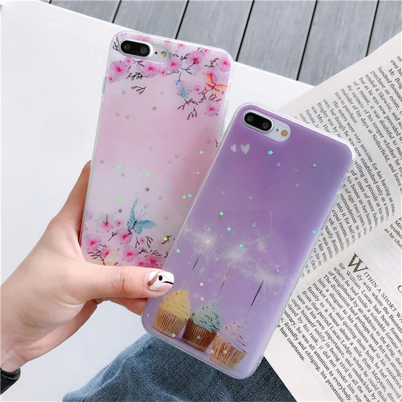 ROHDEA Sweet Star Shiny Phone Case for iphoneXS max XR Cute Cat Soft Cover iphone6 7 8 plus Butterfly Clear Edge TPU |