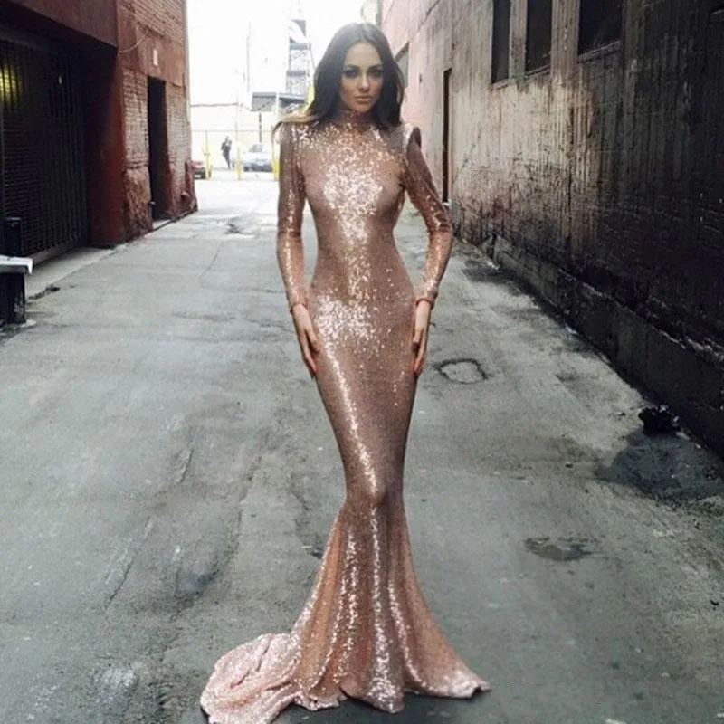 

Charming Slim Mermaid Activity Dress Sexy Backless Sequined Formal Party Dress Regular Long Sleeves High Neck Evening Dress 2016