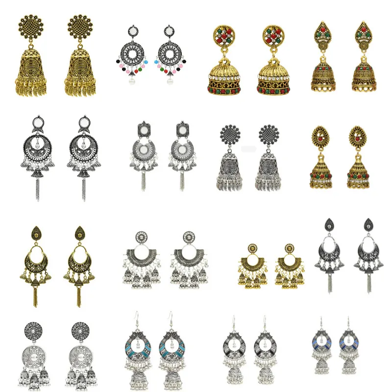 Афганские индийские серьги Jhumka в виде Золотой птичьей клетки цветные большие