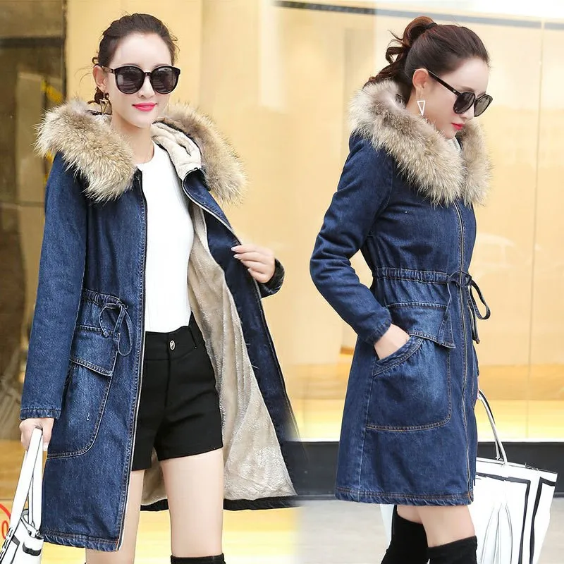 Зимняя меховая джинсовая куртка женская с длинным рукавом Джинсы стираного