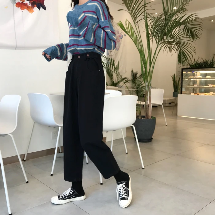 Женский корейский стиль, Ulzzang Harajuku BF, свободные, высокая талия, черные, джинсовые, длина по щиколотку, джинсы, женские, студенческие, повседневные, шаровары