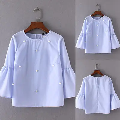

hirigin Women's Casual Cotton Blouse flare Sleeve Shirt Summer Tops pearl blouse