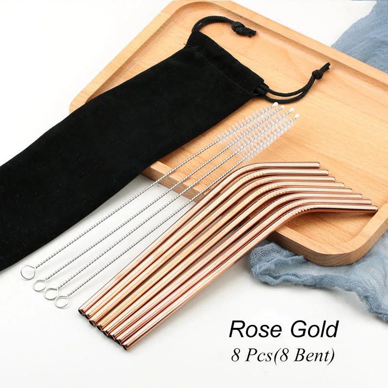 02 Bend Rose Gold 8 шт многоразовые соломинки из нержавеющей стали для питья Металлические Прямые изогнутые соломинки из нержавеющей стали с чистящей щеткой вечерние аксессуары для бара - Цвет: 02 Bend Rose Gold
