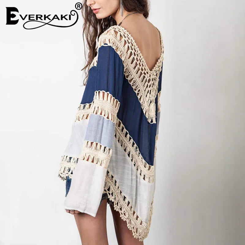 Everkaki Boho открытые лоскутные блузки женские рубашки размера плюс свободные