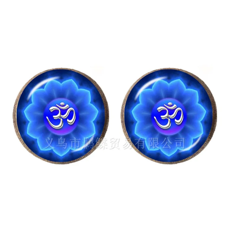 Серьги-пусеты из стекла с изображением мандалы 12 мм кабошонами и сакральной