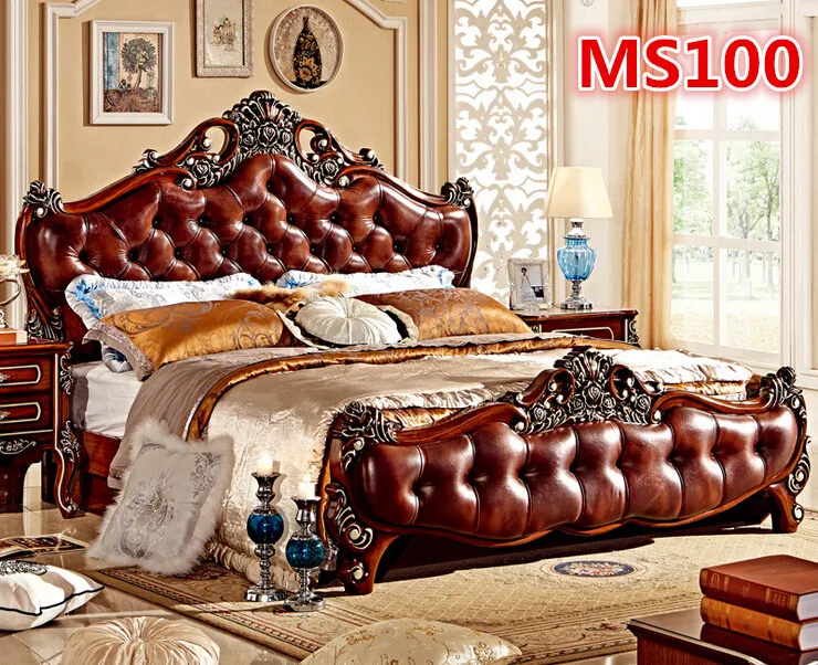 Однотонная кровать MS100 с ручной резьбой из итальянской кожи|hand carved bed|italian leather