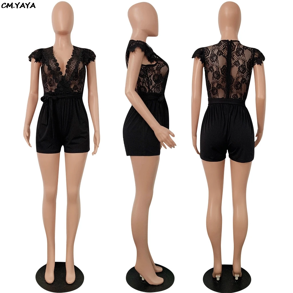 2019 new women lace embroidery see though patchwork with sashes short sleeve v-neck party jumpsuit vintage romper playsuit 6217 | Женская