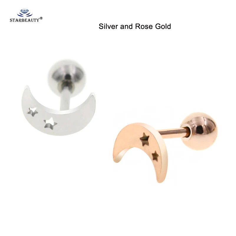 Silver and Rose Gold 2 шт./партия 1,0x6 мм Горячая звезда Луна хряща серьги шпилька Спираль пирсинг для пупка пирсинг Oreja пирсинг Orelha уха ювелирные изделия - Окраска металла: Silver and Rose Gold