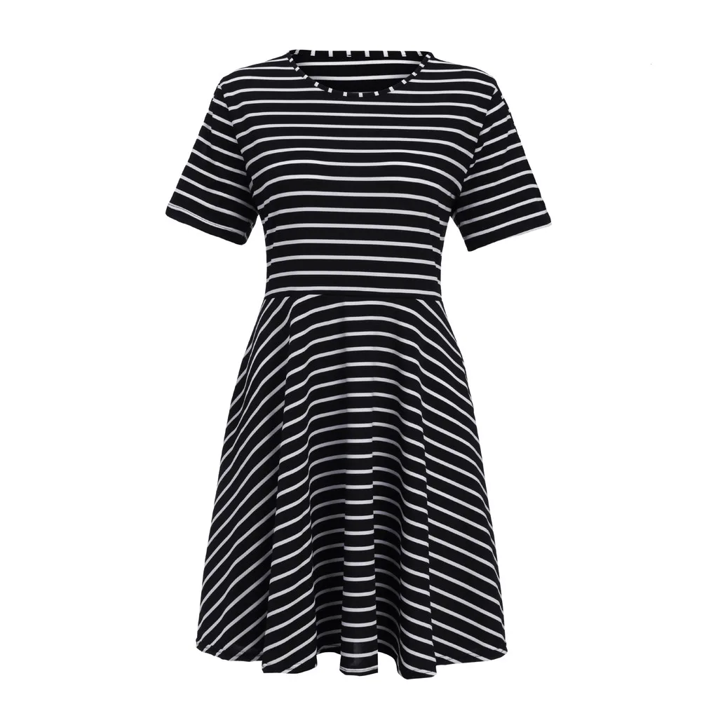 Black Страуса женское летнее платье sommerkleid размера плюс o-образным вырезом с коротким рукавом в полоску с открытыми плечами модное мини-платье для женщин - Цвет: Black