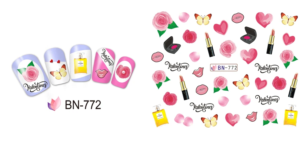 Uprettego 12 упак./лот воды Наклейка ногтей nail стикер Валентина Lip stick Высокий каблук обувь флакон духов Роза BN769-780