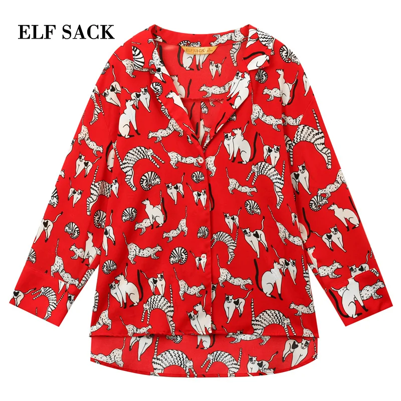 ELF SACK 2019 Summer New Woman Oversized Chiffon Shirts Knitted Floral Vintage Women Blouse Turn-down Collar Ladies Tops |